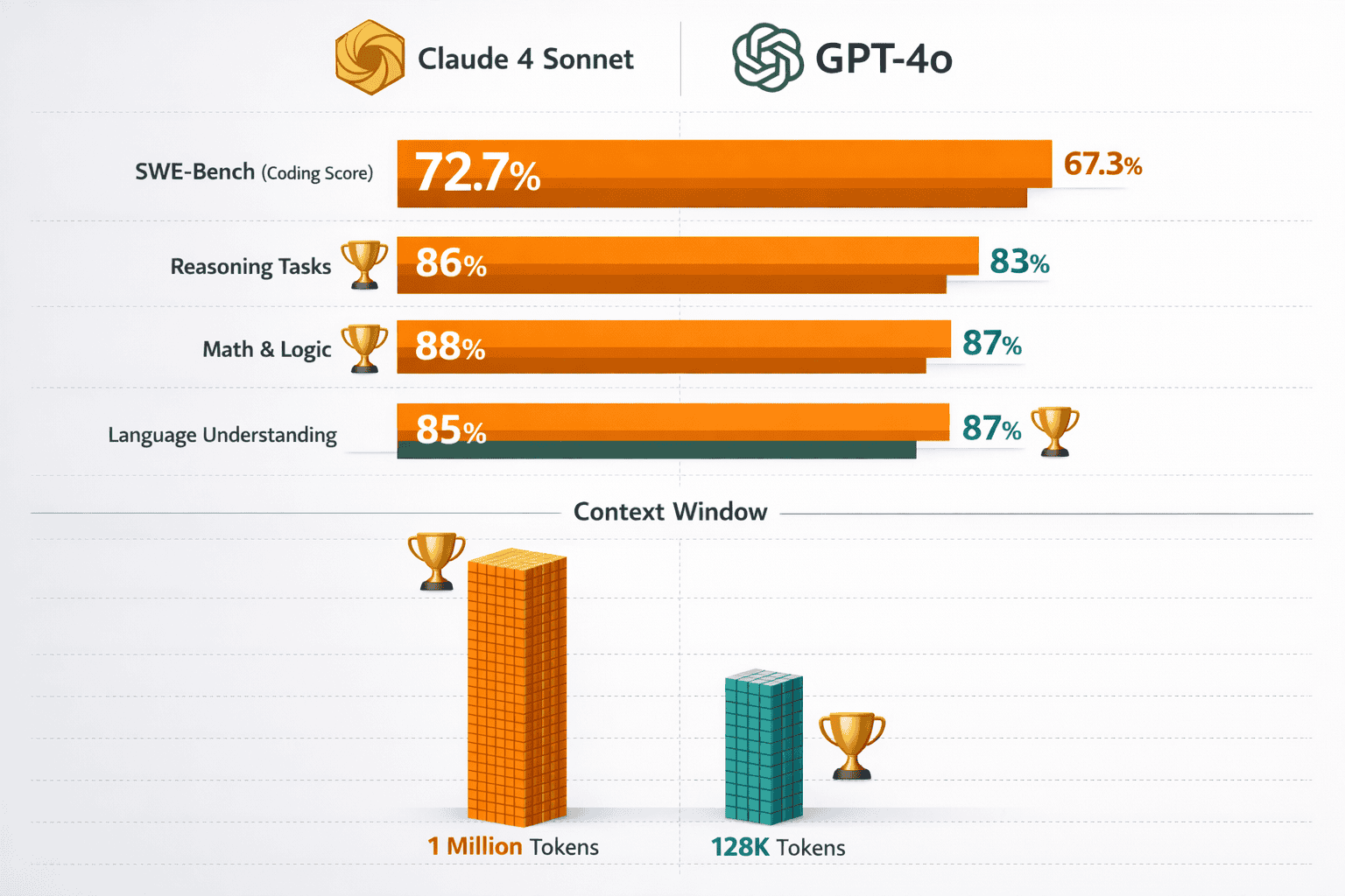 Detailed landscape format (1536x1024) visualization showing side-by-side performance comparison dashboard with Claude 4 Sonnet and GPT-4o lo