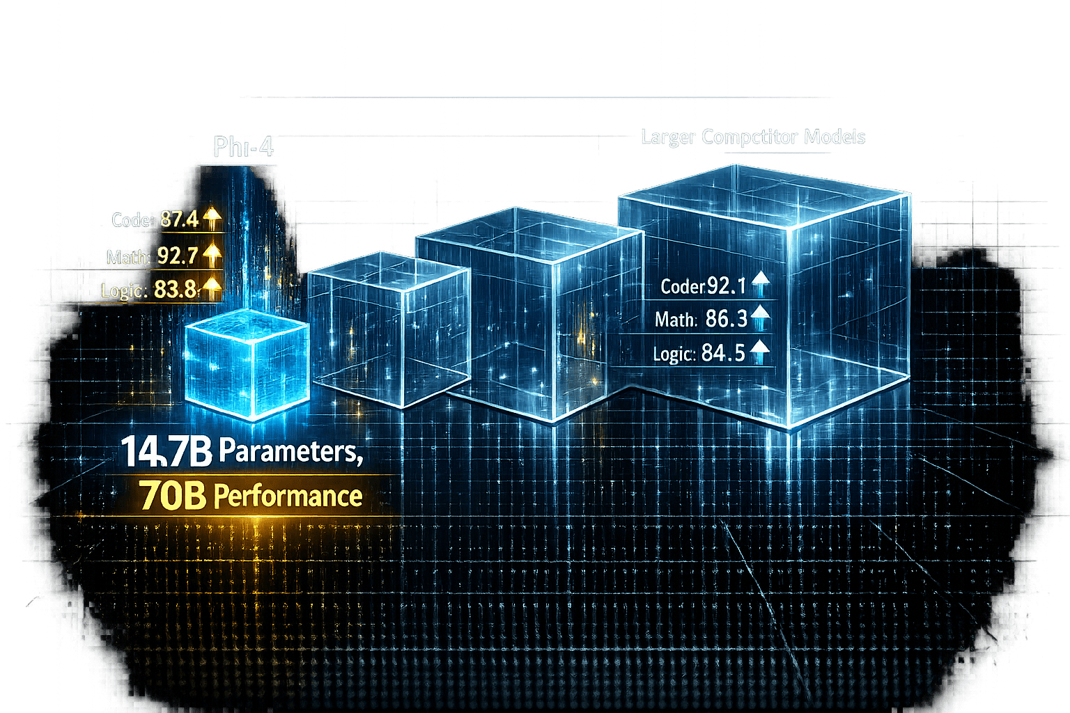 Landscape format (1536x1024) detailed comparison visualization showing Phi-4 model (14.7B parameters) next to larger competitor models repre