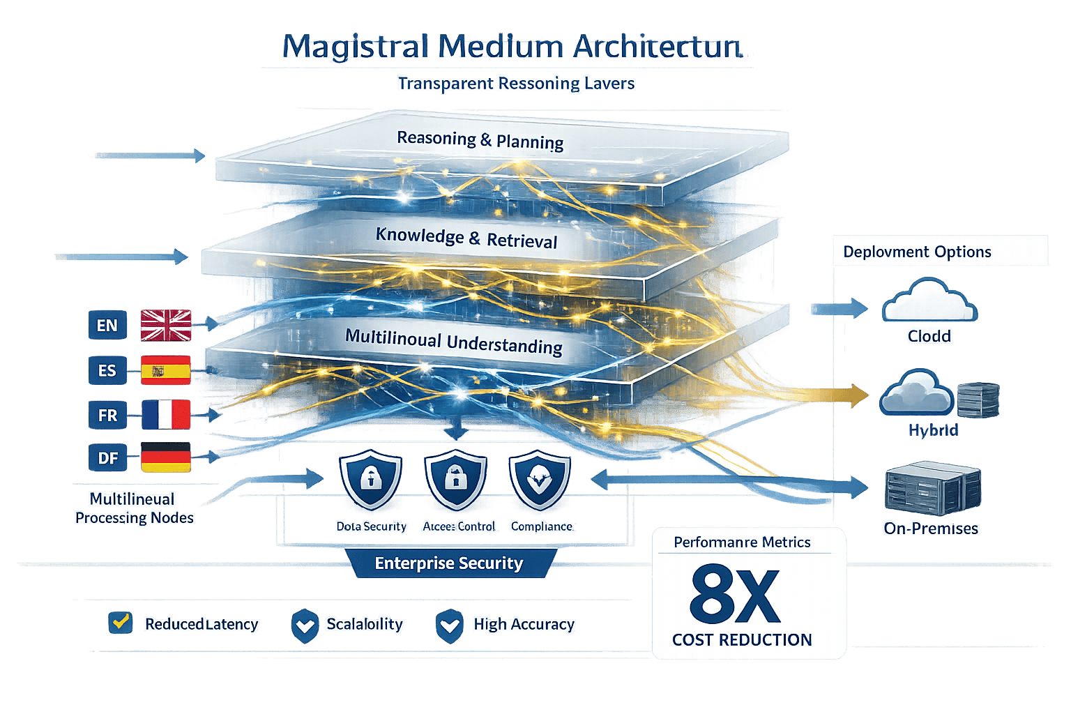 Landscape format (1536x1024) detailed technical diagram showing Magistral Medium architecture with transparent reasoning layers, neural path
