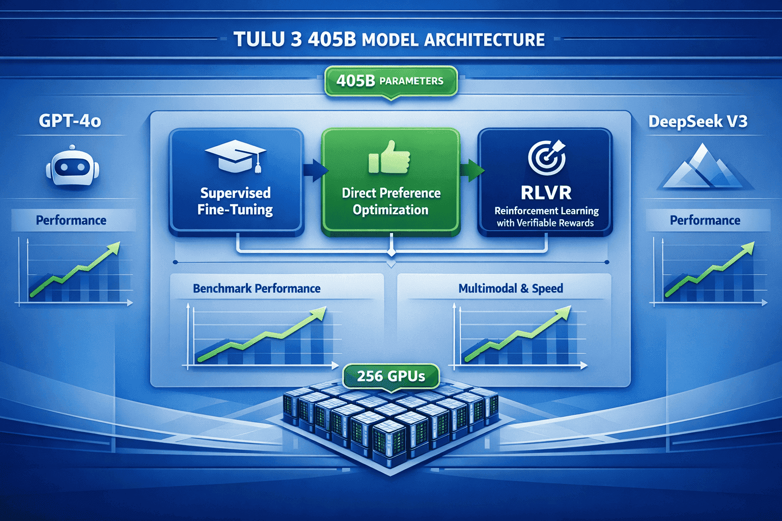 Landscape format (1536x1024) detailed illustration showing the Tulu 3 405B model architecture with visual comparison to GPT-4o and DeepSeek
