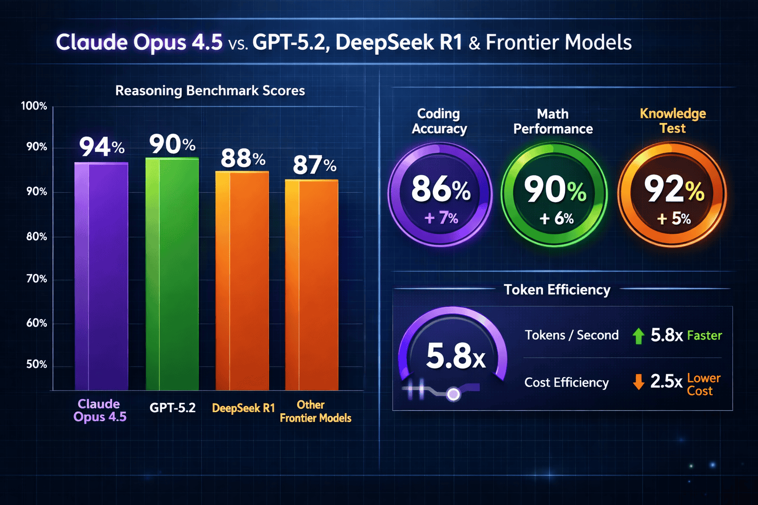 Landscape format (1536x1024) detailed benchmark comparison visualization showing Claude Opus 4.5 performance metrics versus GPT-5.2, DeepSee