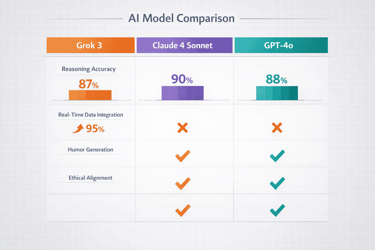 Landscape format (1536x1024) detailed comparison infographic showing three AI models side-by-side: Grok 3, Claude 4 Sonnet, and GPT-4o. Each