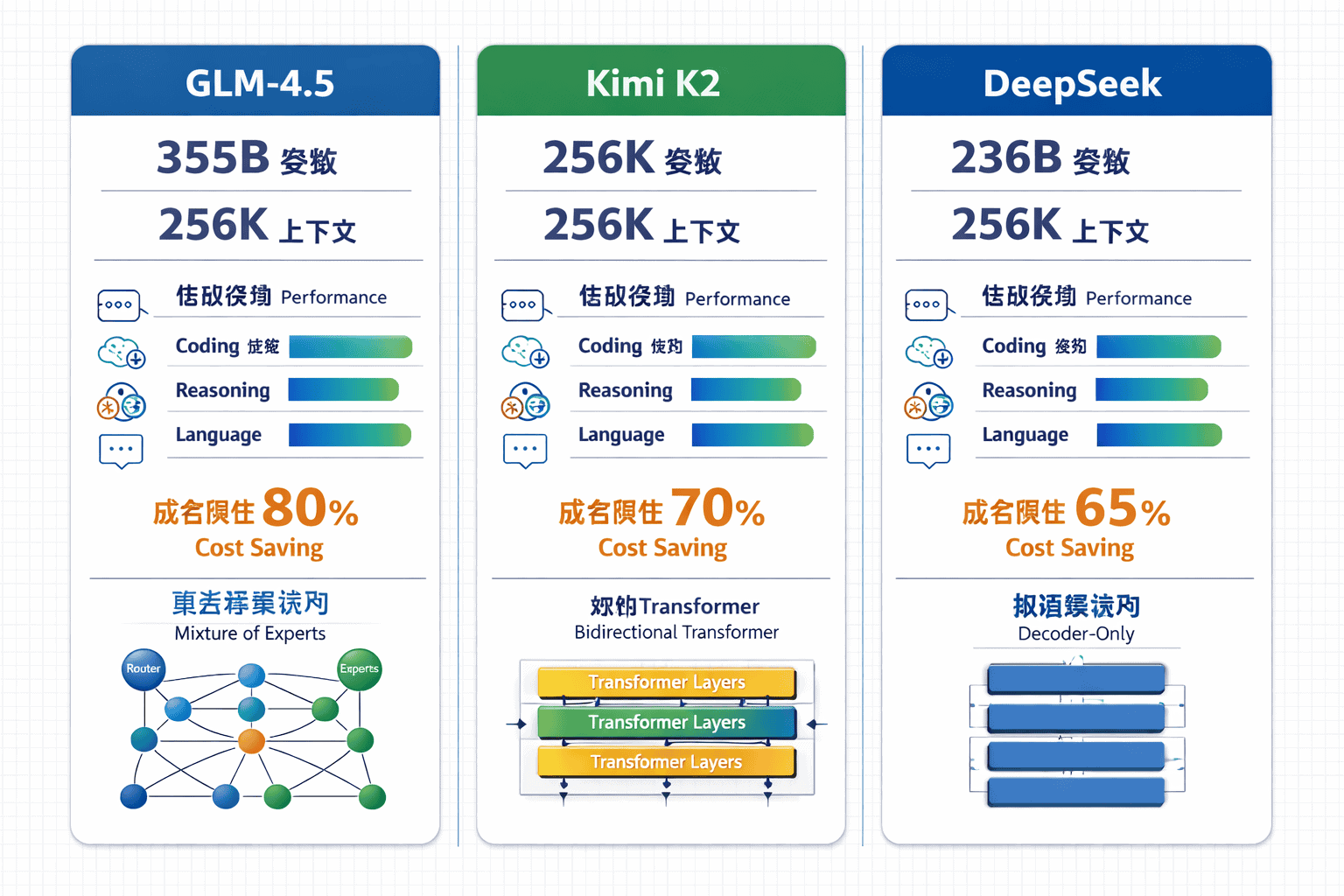 Landscape format (1536x1024) detailed comparison infographic showing three columns for GLM-4.5, Kimi K2, and DeepSeek models. Each column di