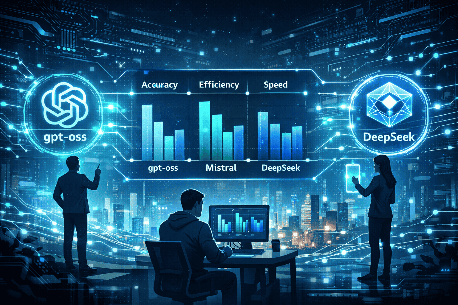Key Takeaways visual: Futuristic digital landscape with floating holographic icons representing gpt-oss, Mistral, and DeepSeek models, inter