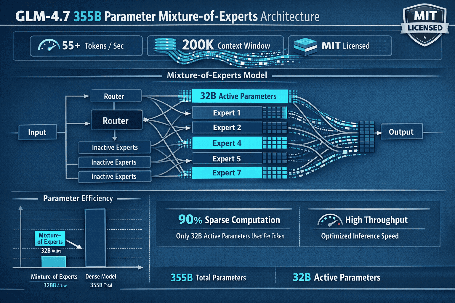 Detailed landscape format (1536x1024) technical diagram showing GLM-4.7's 355B parameter Mixture-of-Experts architecture with visual breakdo