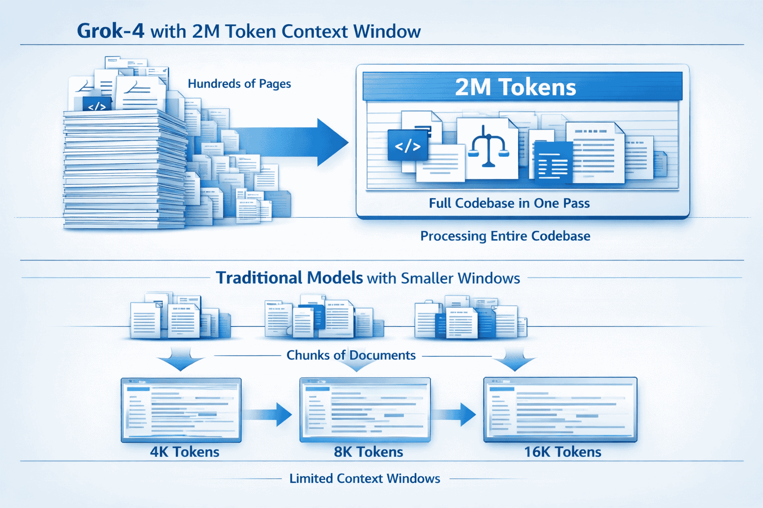 Landscape format (1536x1024) detailed infographic showing 2-million token context window comparison chart with Grok 4 at top processing enti
