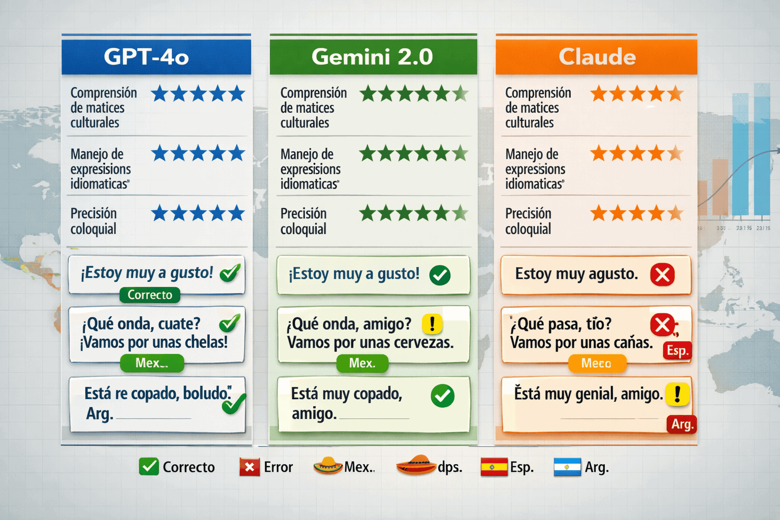 Landscape format (1536x1024) detailed comparison infographic showing three vertical columns labeled GPT-4o, Gemini 2.0, and Claude with Span