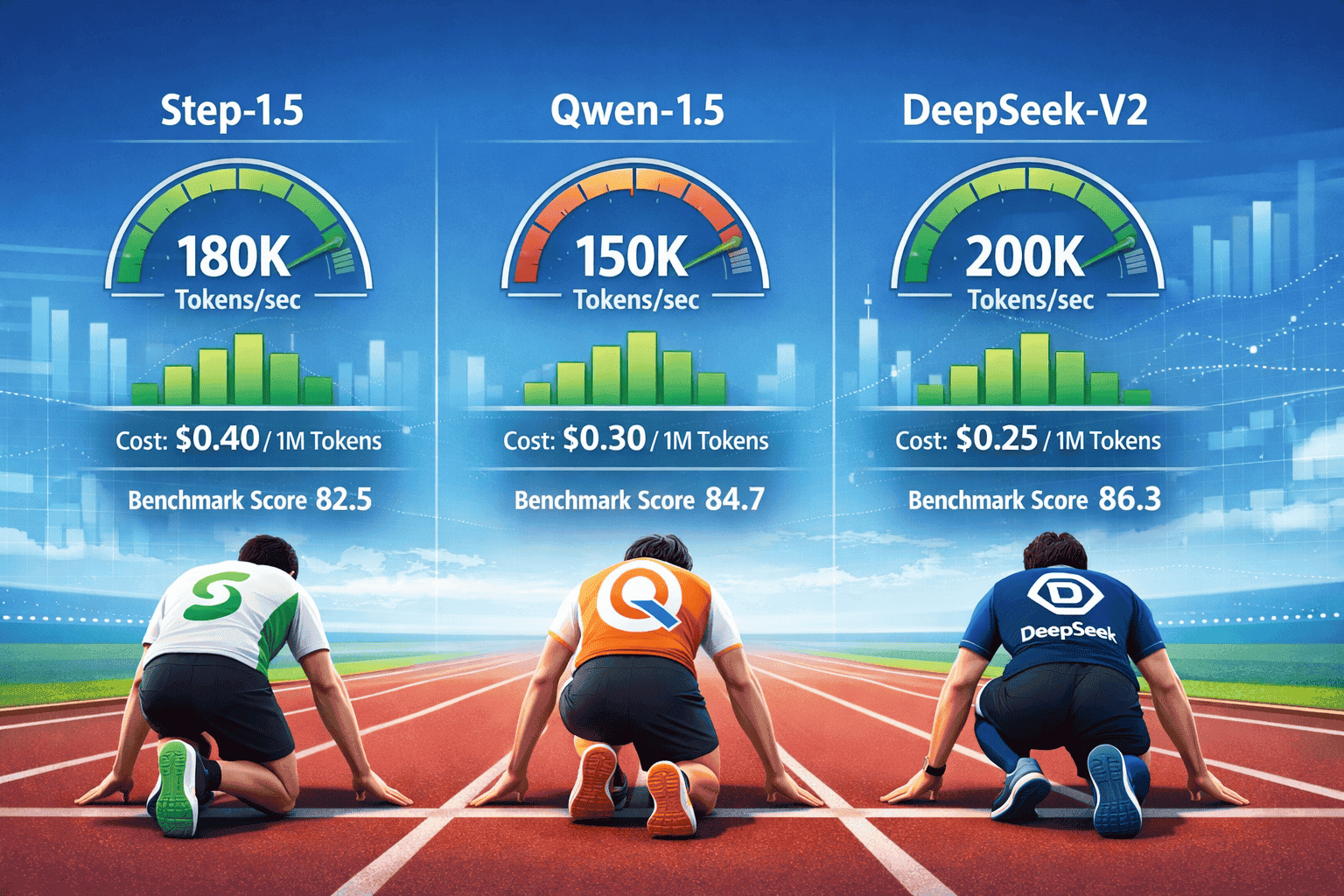Landscape format (1536x1024) detailed infographic showing three competing AI company logos (Stepfun, Qwen, DeepSeek) positioned as runners o