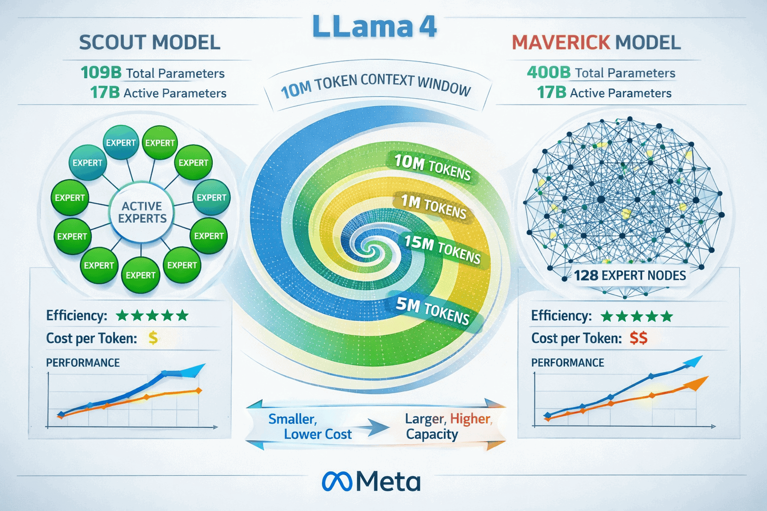 Landscape format (1536x1024) detailed infographic showing Llama 4's dual architecture comparison: left side displays Scout model (109B total