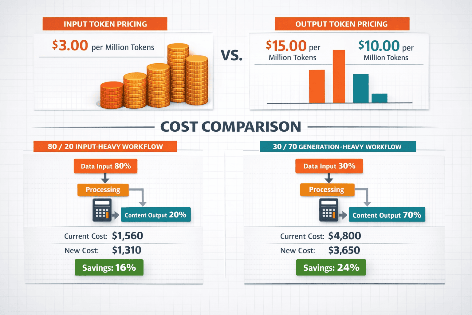 Landscape format (1536x1024) detailed pricing comparison infographic displaying cost breakdown tables with dollar signs, input token pricing