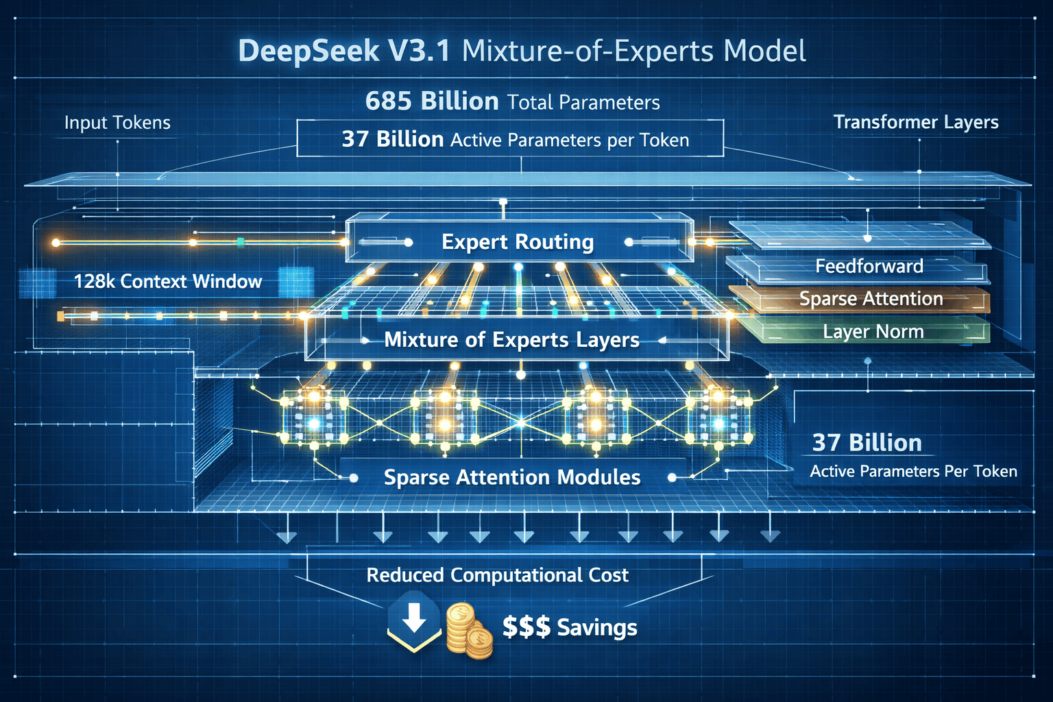 Landscape format (1536x1024) technical architecture visualization showing DeepSeek V3.1 Mixture-of-Experts model structure. Cross-section di