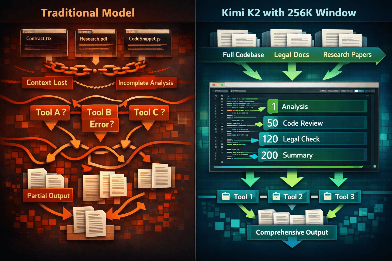 Landscape format (1536x1024) split-screen comparison showing two workflows side by side. Left side: traditional model struggling with fragme