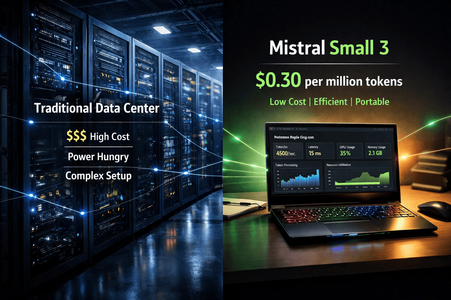 Landscape format (1536x1024) split-screen composition showing traditional data center with massive server racks on left (dark, expensive, co