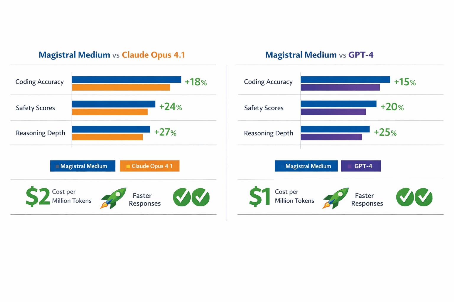 Landscape format (1536x1024) side-by-side comparison visualization of Magistral Medium versus Claude Opus 4.1 and GPT-4, showing benchmark p