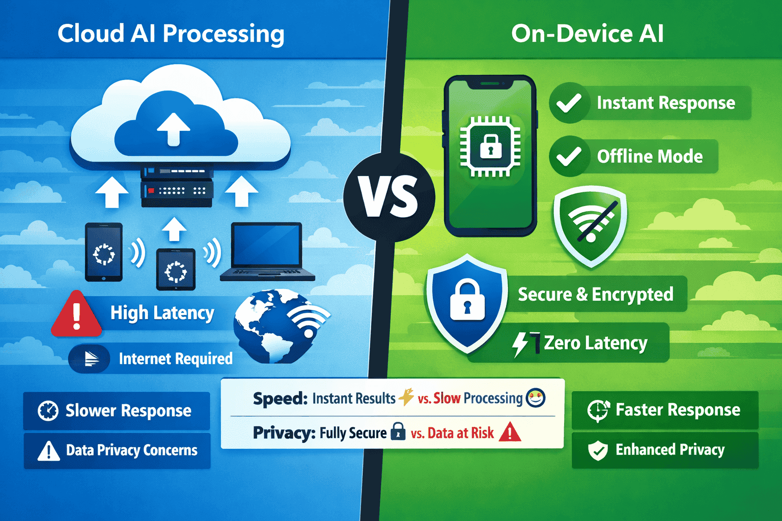 Landscape format (1536x1024) split-screen comparison visualization: left side shows cloud AI processing with latency indicators, data upload
