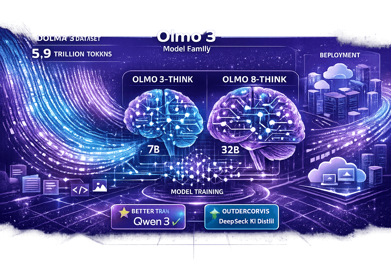 Landscape format (1536x1024) conceptual visualization of the Olmo 3 model family ecosystem showing transparent pipeline from raw data to dep