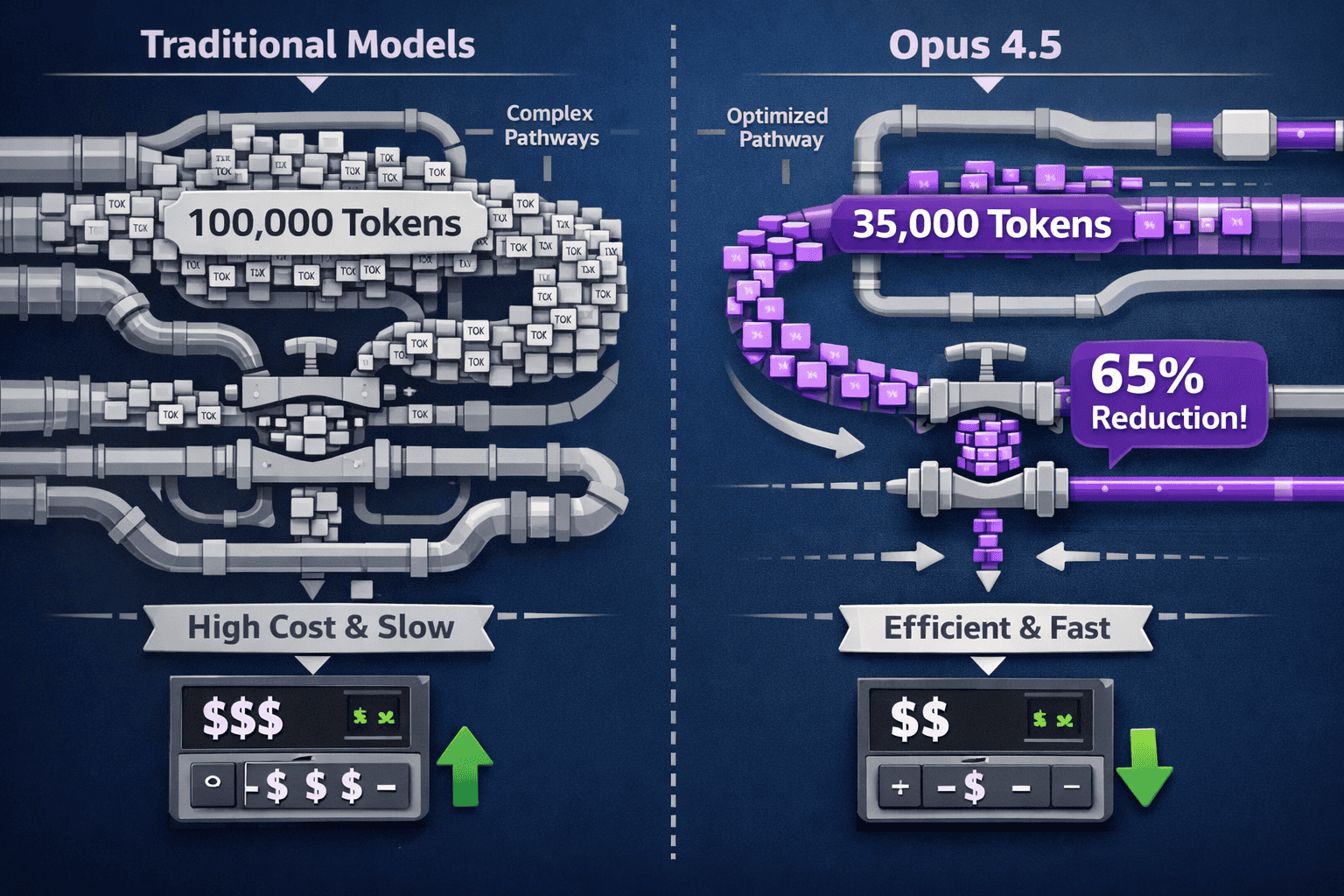 Landscape format (1536x1024) conceptual illustration of token efficiency breakthrough showing two parallel processing pipelines. Left pipeli