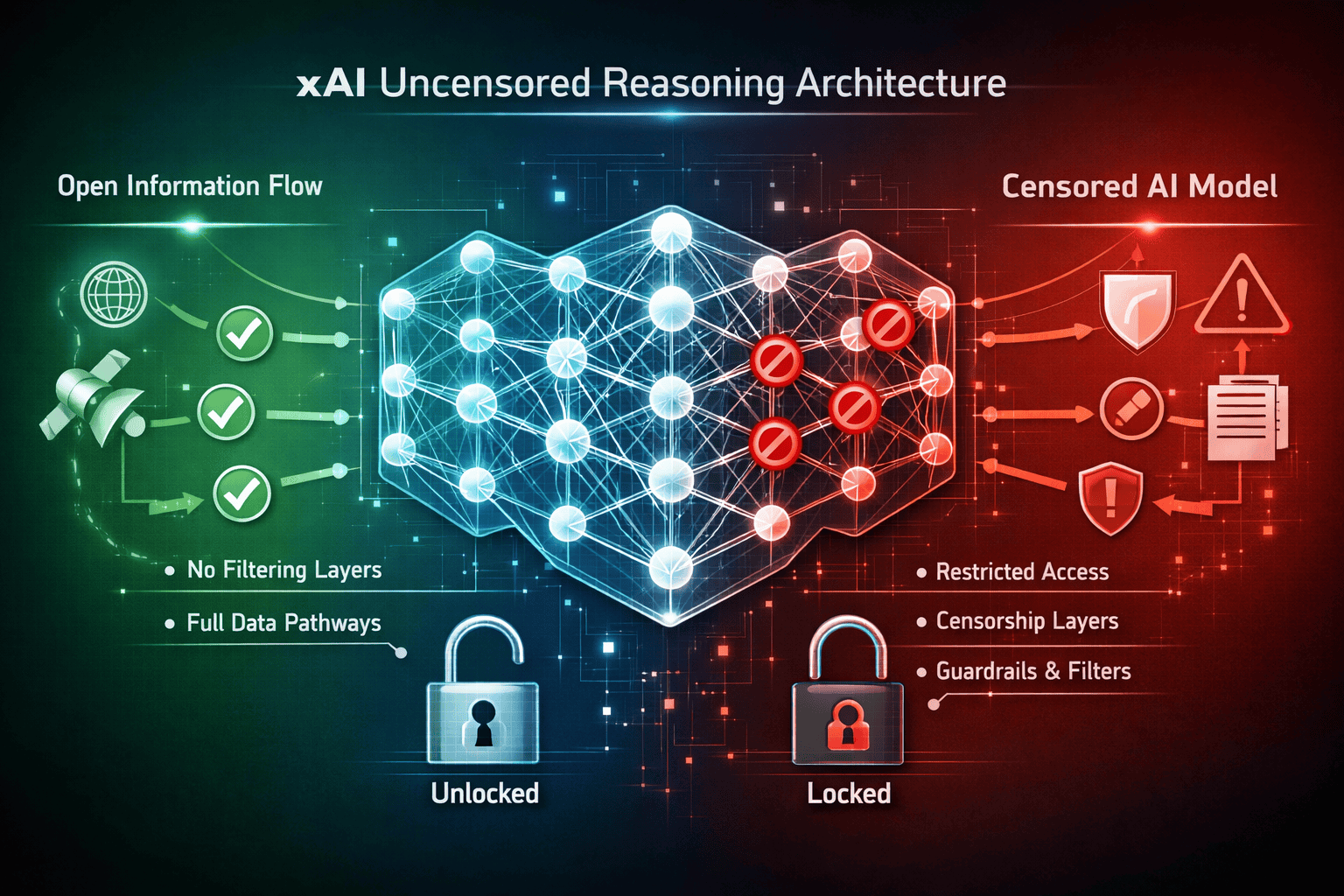 Landscape format (1536x1024) conceptual illustration of xAI's uncensored reasoning architecture. Central image shows transparent neural netw