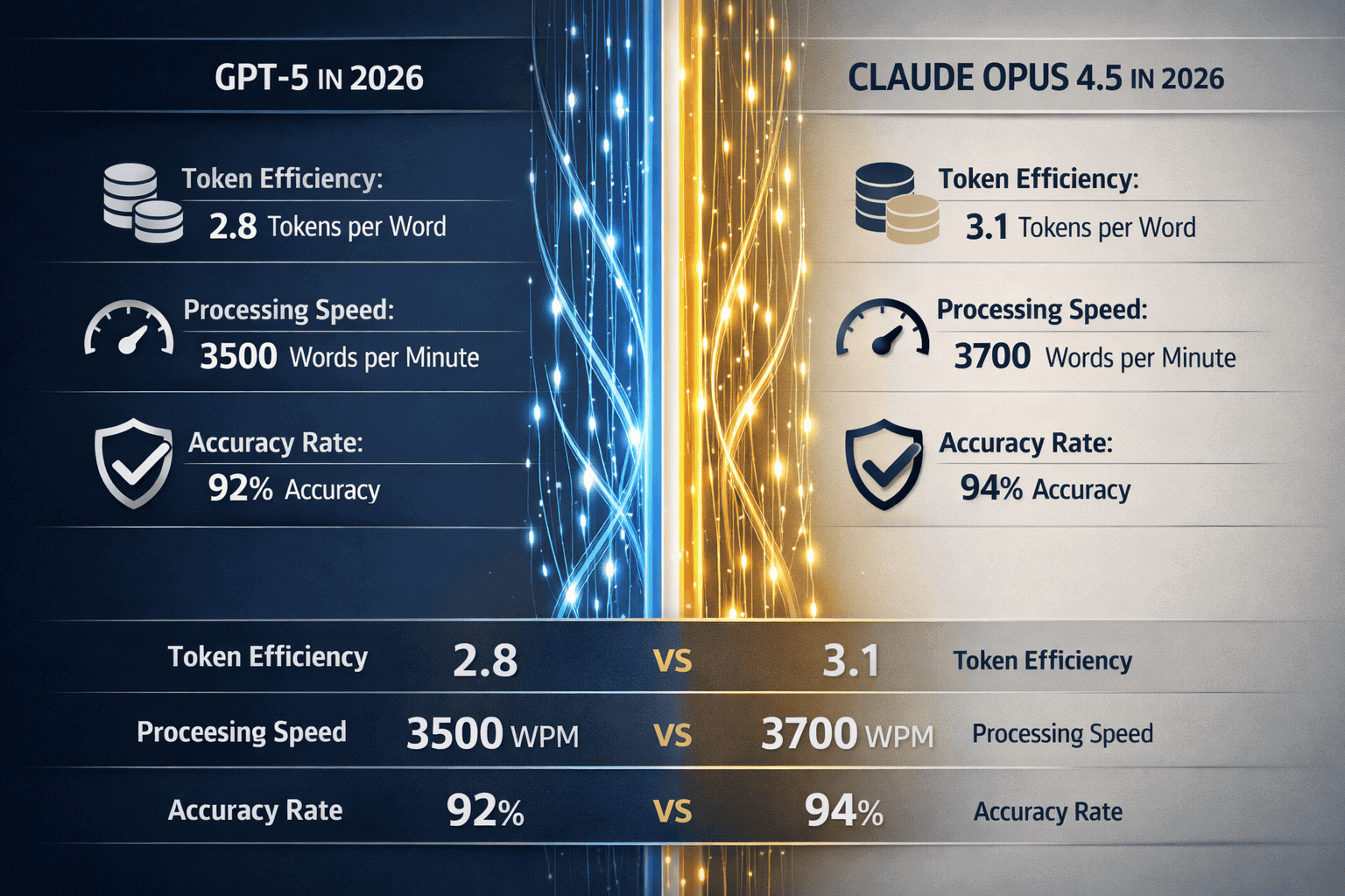 Split-screen visualization comparing enterprise AI model performance in 2026, left side showing GPT-5 metrics, right side showing Claude Opu