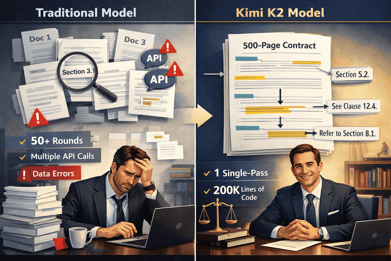 Landscape format (1536x1024) split-screen illustration showing legal document processing workflow. Left side: traditional model struggling w