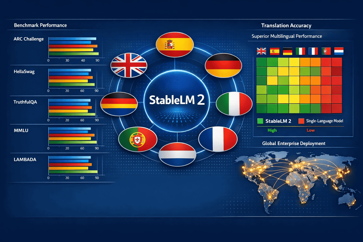 Landscape format (1536x1024) multilingual capability visualization showing seven language flags (UK, Spain, Germany, Italy, France, Portugal