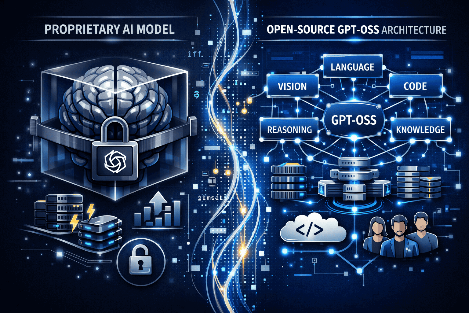 Quick Answer infographic: Split-screen visualization contrasting proprietary and open-source AI model architectures. Left side shows closed,
