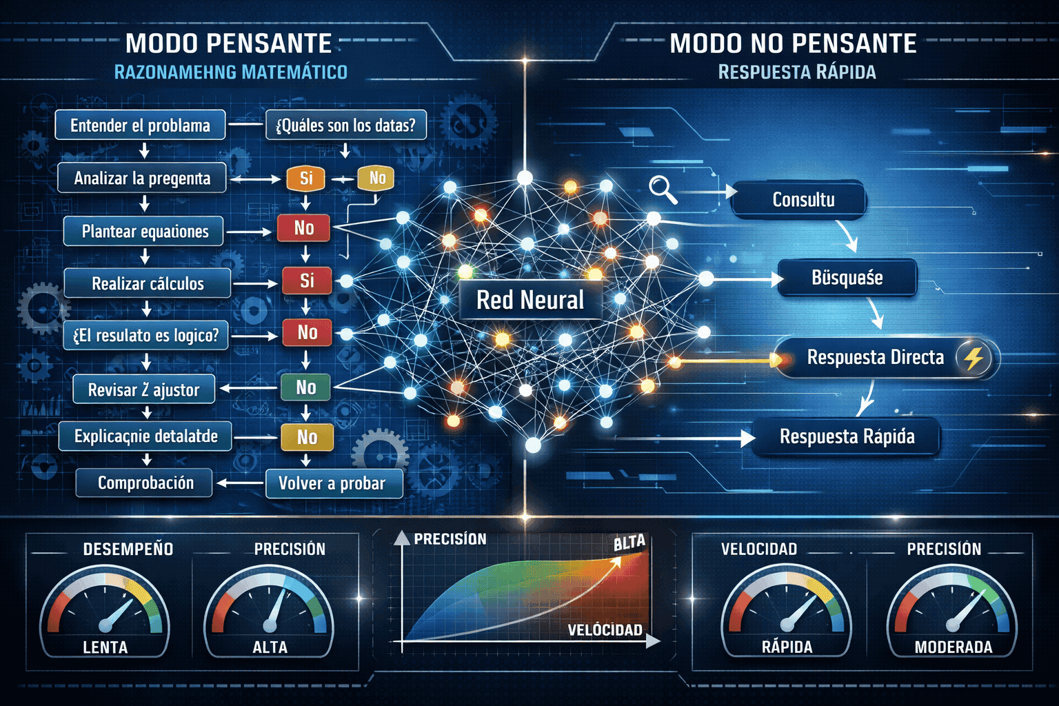 Landscape format (1536x1024) split-screen comparison showing dual-mode architecture visualization, left side displays 'Thinking Mode' with c