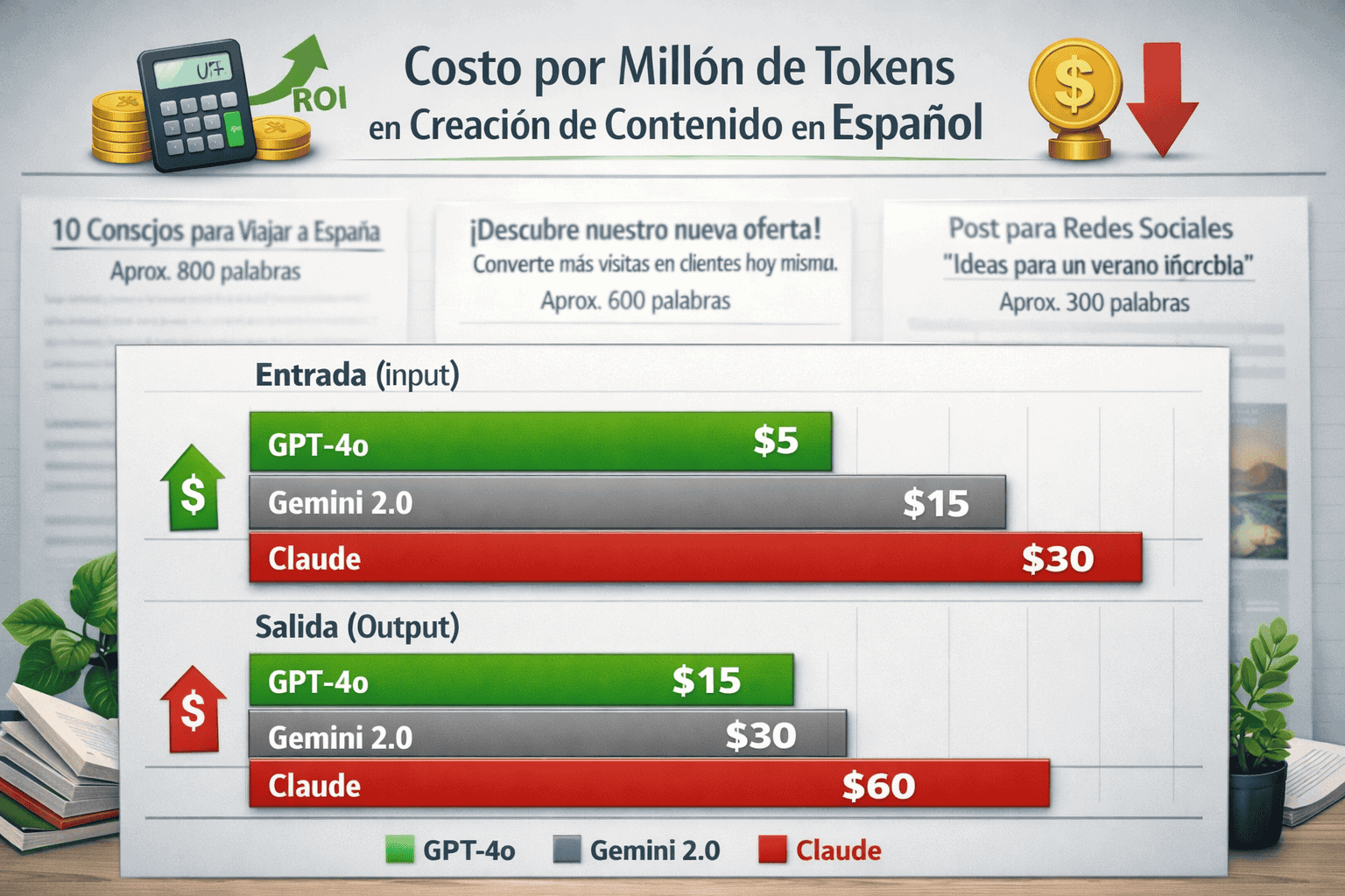 Landscape format (1536x1024) pricing comparison chart displaying cost-per-million-tokens for GPT-4o, Gemini 2.0, and Claude across Spanish c