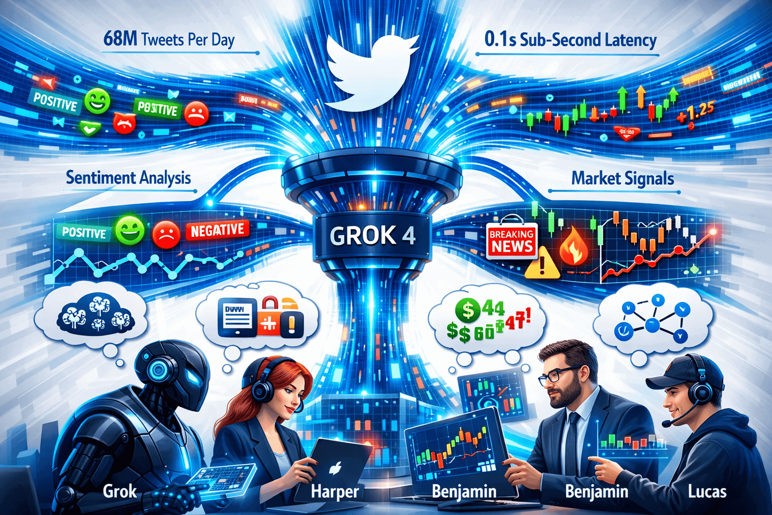 Landscape format (1536x1024) dynamic illustration of real-time data ingestion pipeline. Central visualization shows Twitter/X logo with stre