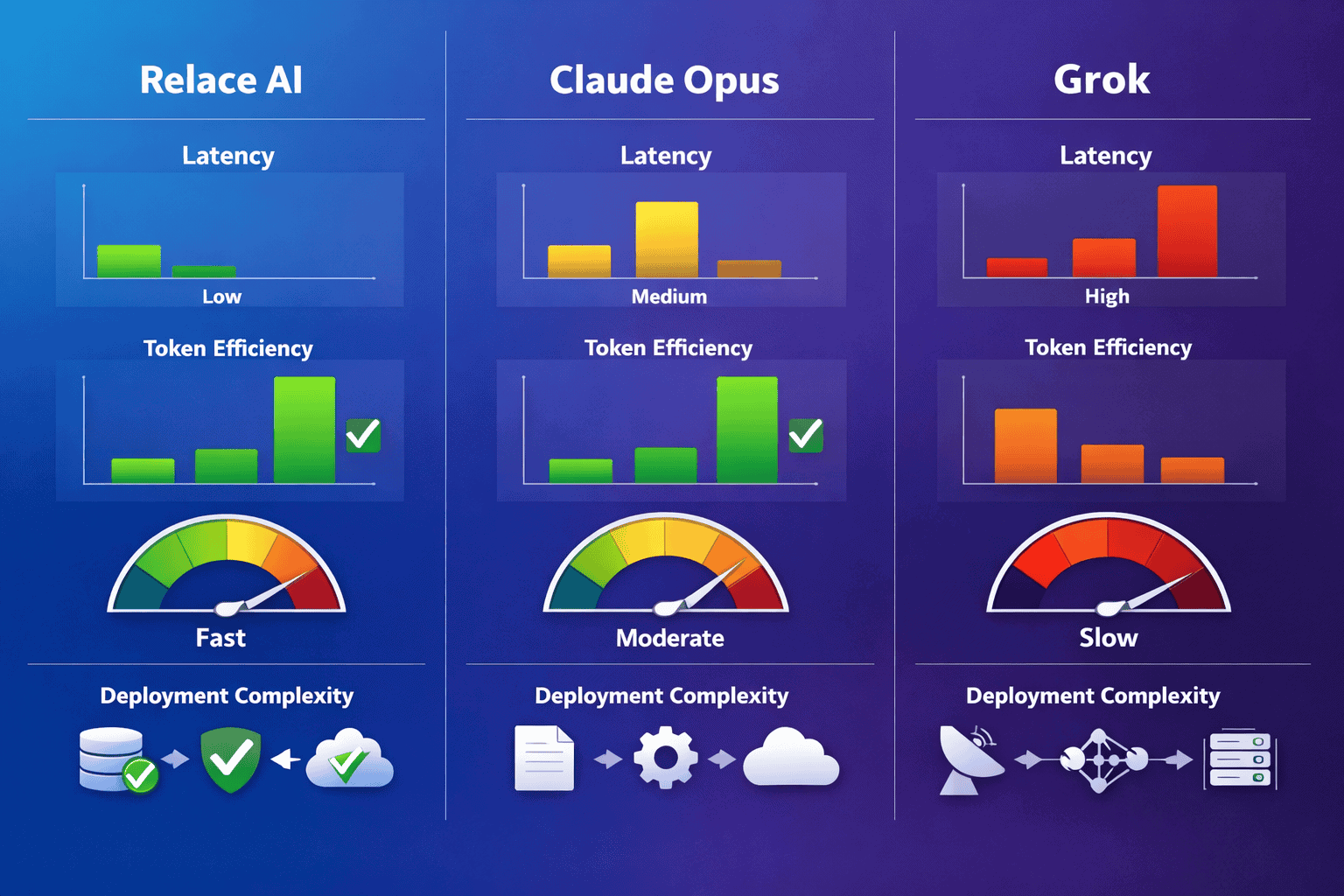 Landscape format (1536x1024) side-by-side comparison visualization showing three columns: Relace AI framework on left, Claude Opus integrati