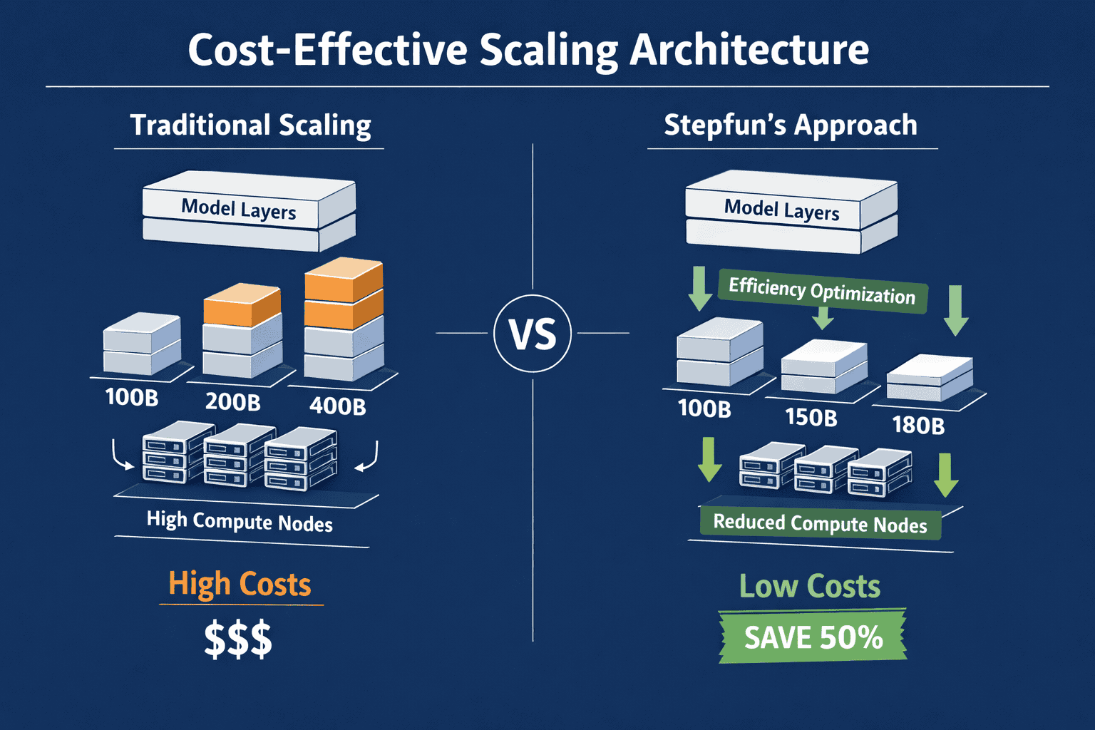 Landscape format (1536x1024) technical diagram illustrating cost-effective scaling architecture with visual representation of model layers,