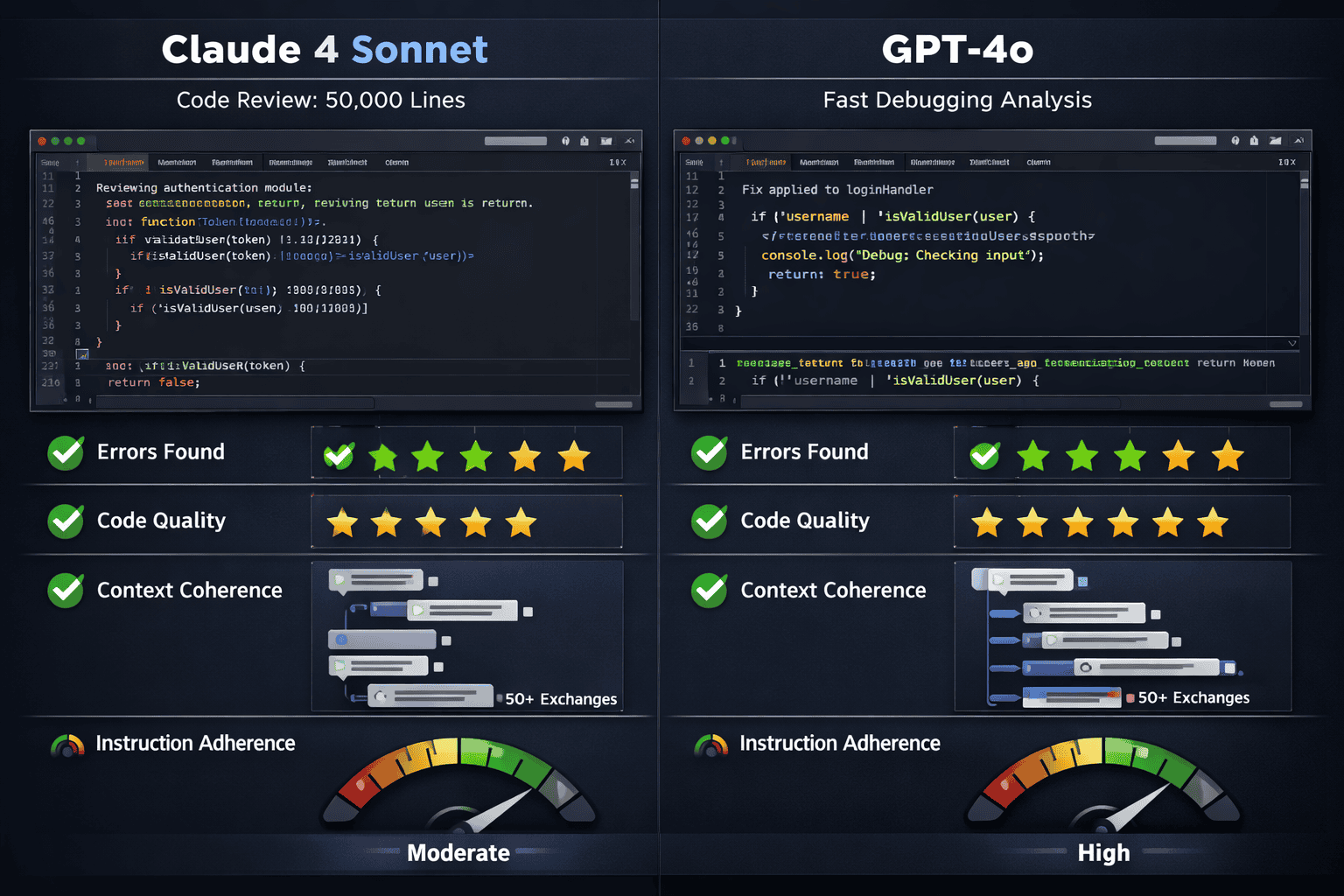 Landscape format (1536x1024) coding performance visualization featuring split-screen code editor interfaces, left side showing Claude 4 Sonn