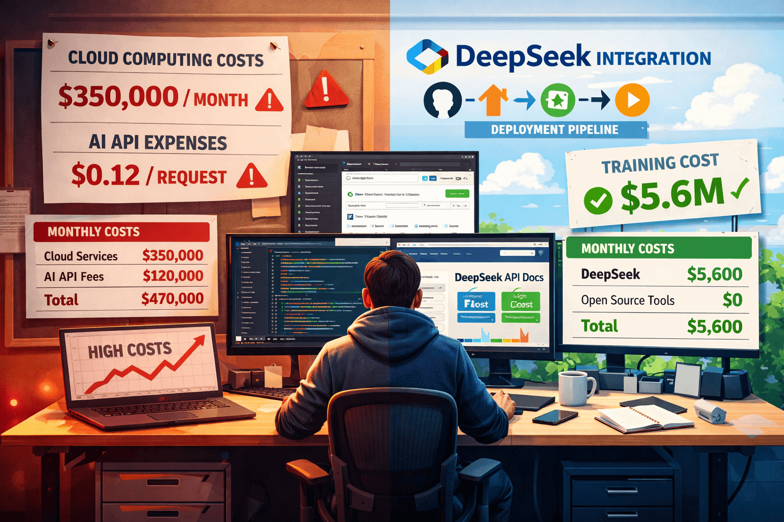 Landscape format (1536x1024) startup developer workspace scene showing cost-efficiency advantage. Split-screen composition: left side displa