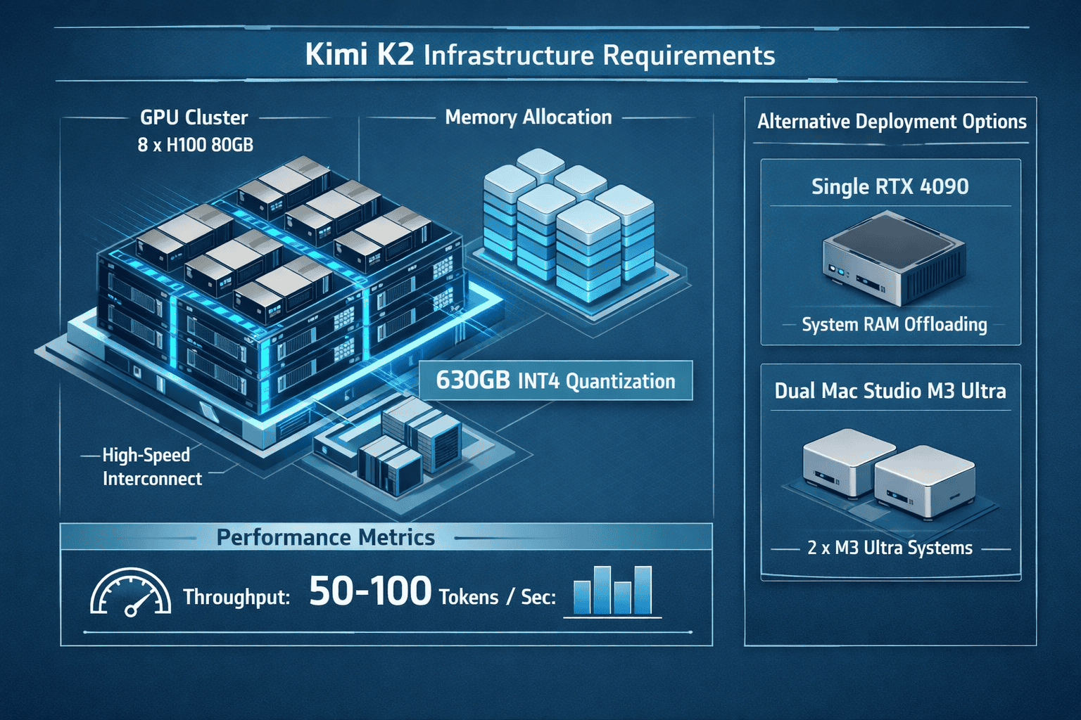 Landscape format (1536x1024) enterprise deployment architecture diagram showing Kimi K2 infrastructure requirements. Visual displays GPU clu