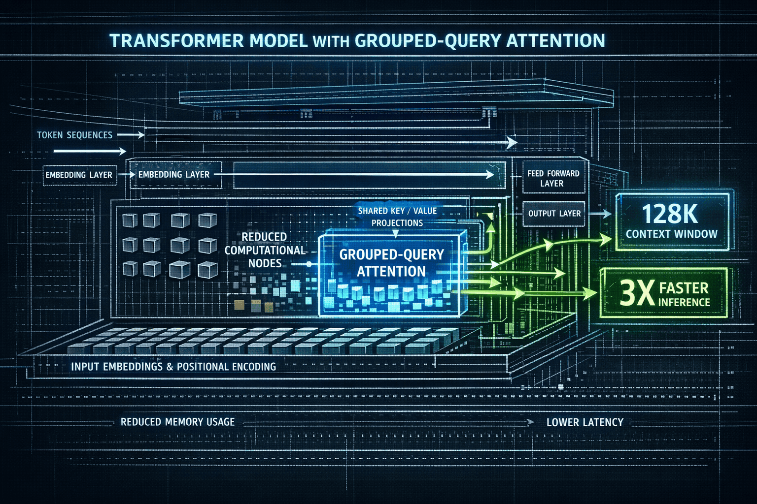 Landscape format (1536x1024) detailed architectural diagram showing transformer model cross-section with grouped-query attention mechanism h