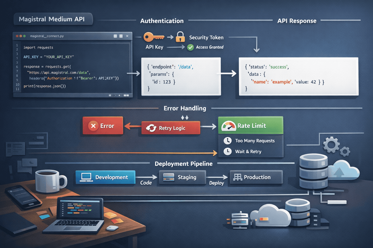 Landscape format (1536x1024) step-by-step API integration workflow diagram showing developer workspace with code editor displaying Magistral