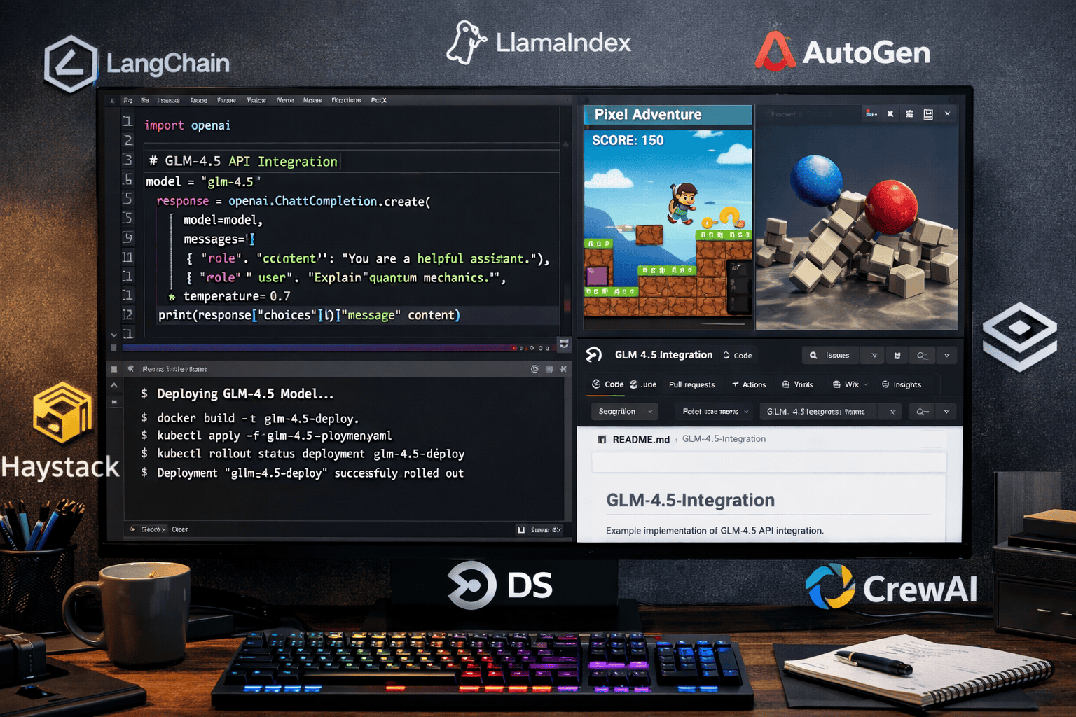 Landscape format (1536x1024) developer workspace scene showing code editor with GLM-4.5 API integration, terminal window displaying model de