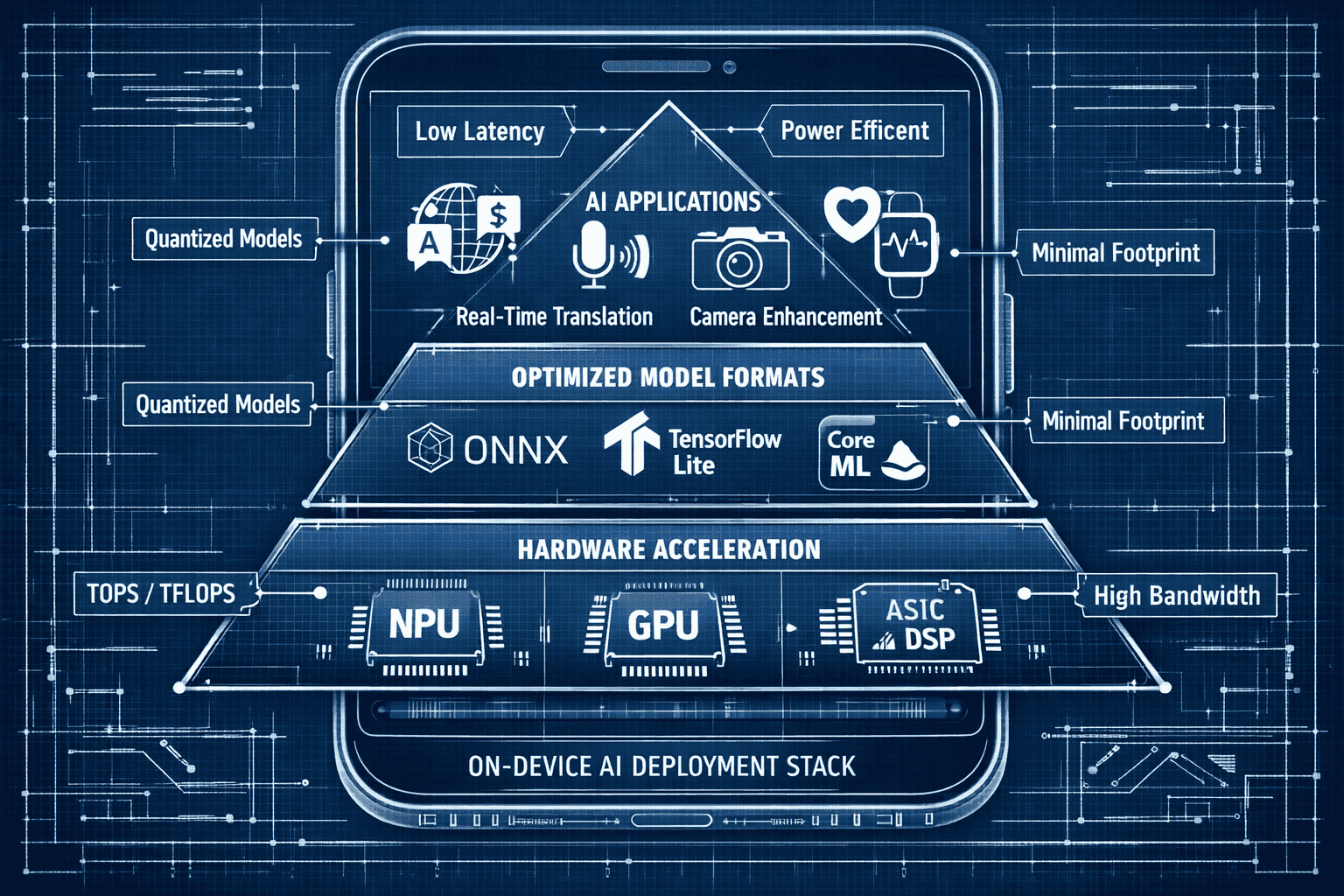 Landscape format (1536x1024) detailed technical architecture diagram showing on-device AI deployment stack: bottom layer hardware accelerati