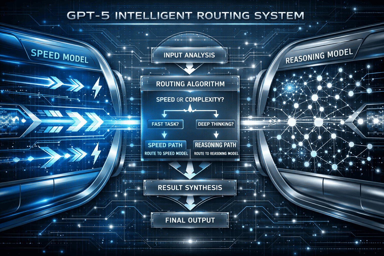 Technical editorial infographic visualizing GPT-5's intelligent routing system, depicting two parallel neural network pathways in sleek meta