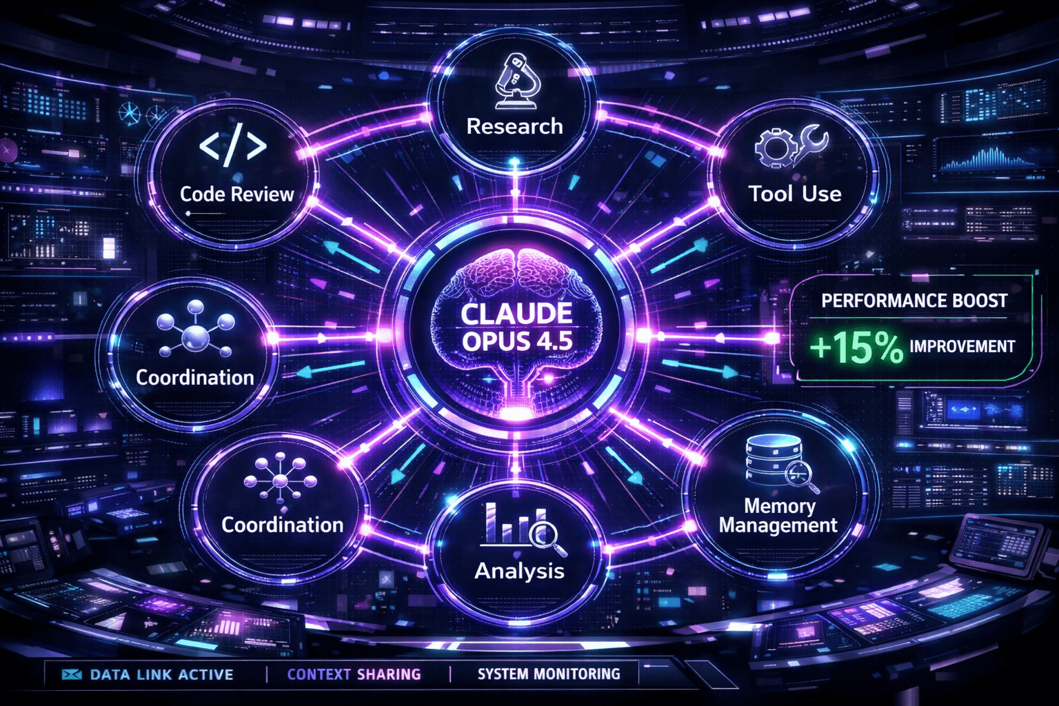Landscape format (1536x1024) multi-agent coordination system visualization depicting Claude Opus 4.5 orchestrating team of AI subagents. Cen