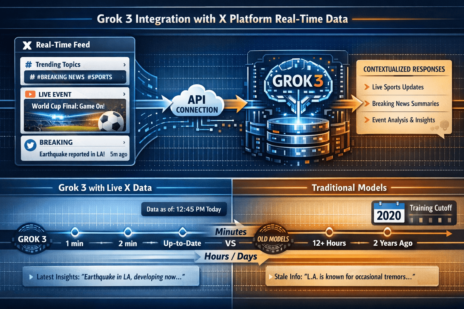 Landscape format (1536x1024) detailed workflow diagram showing Grok 3 integration with X platform real-time data. Visual flow from X social