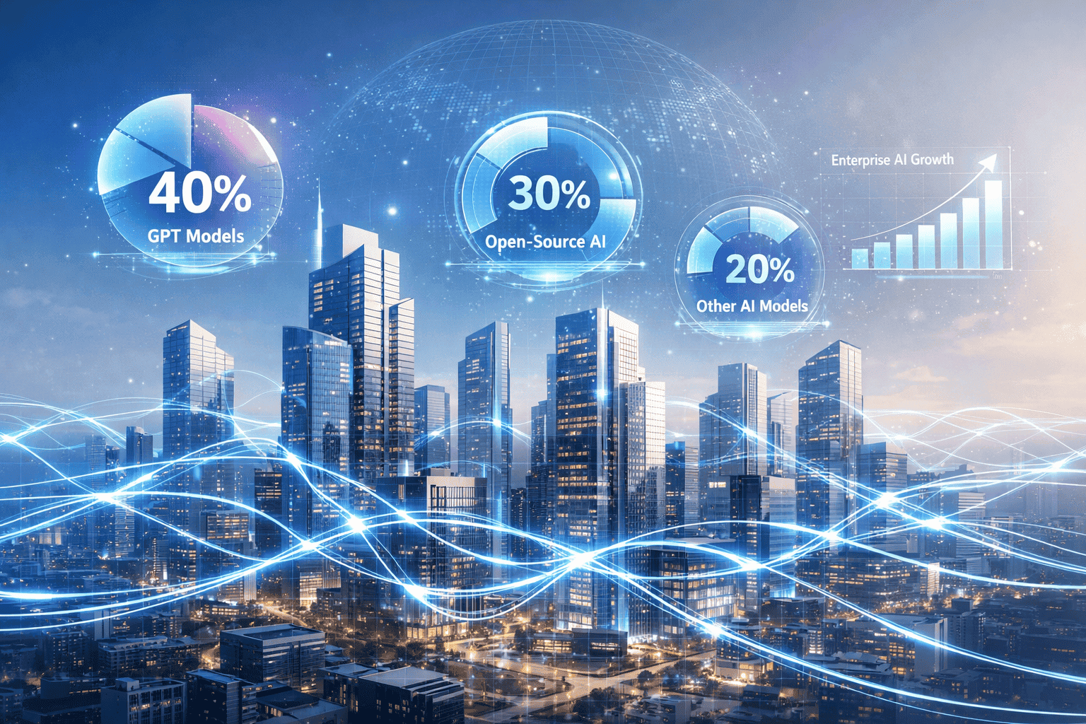 Conceptual landscape illustration depicting enterprise technology ecosystem in 2026, multiple corporate buildings/skyscrapers interconnected