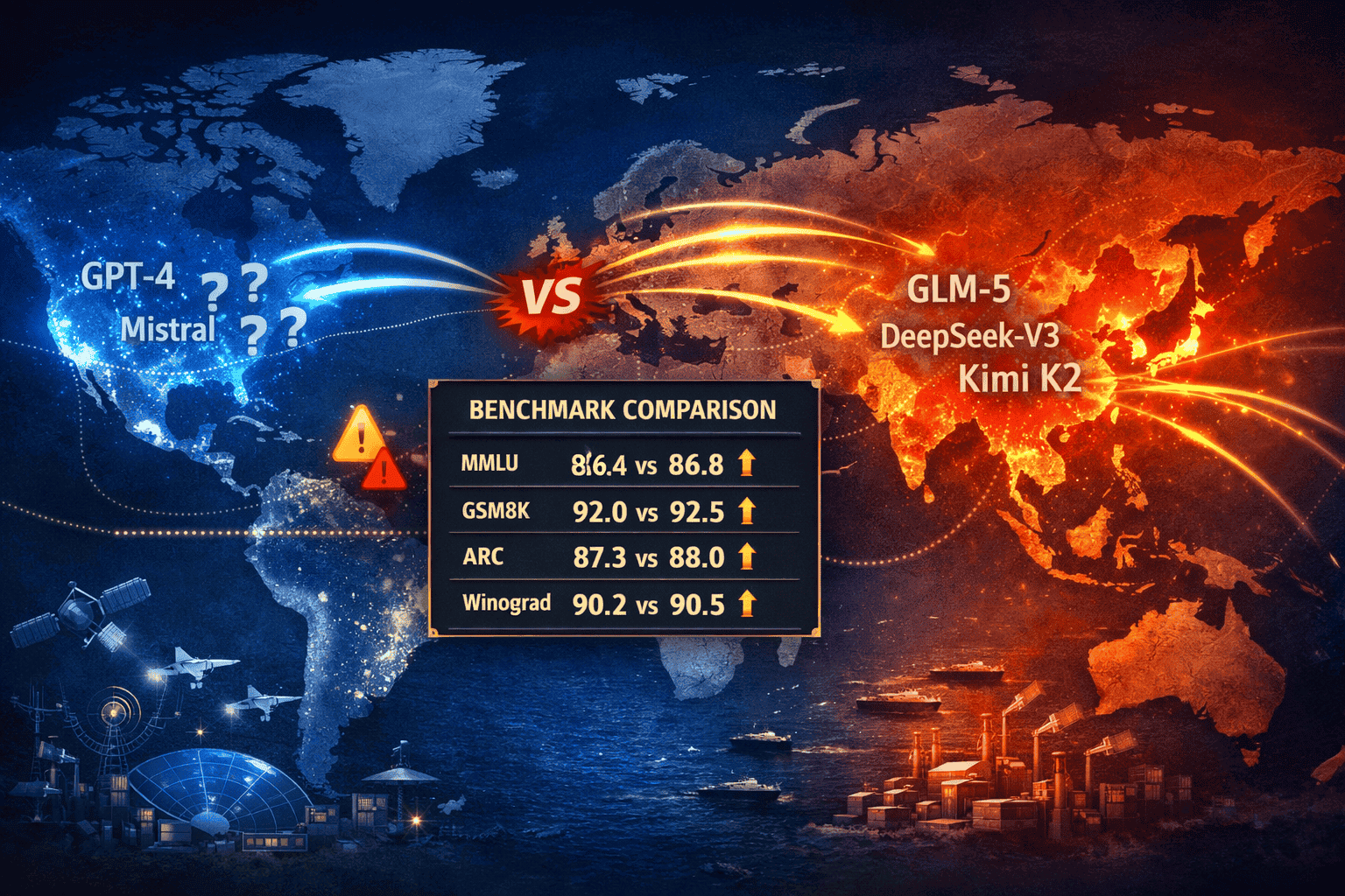 Landscape format (1536x1024) world map visualization highlighting geopolitical AI competition. China's eastern region glows in red-orange wi