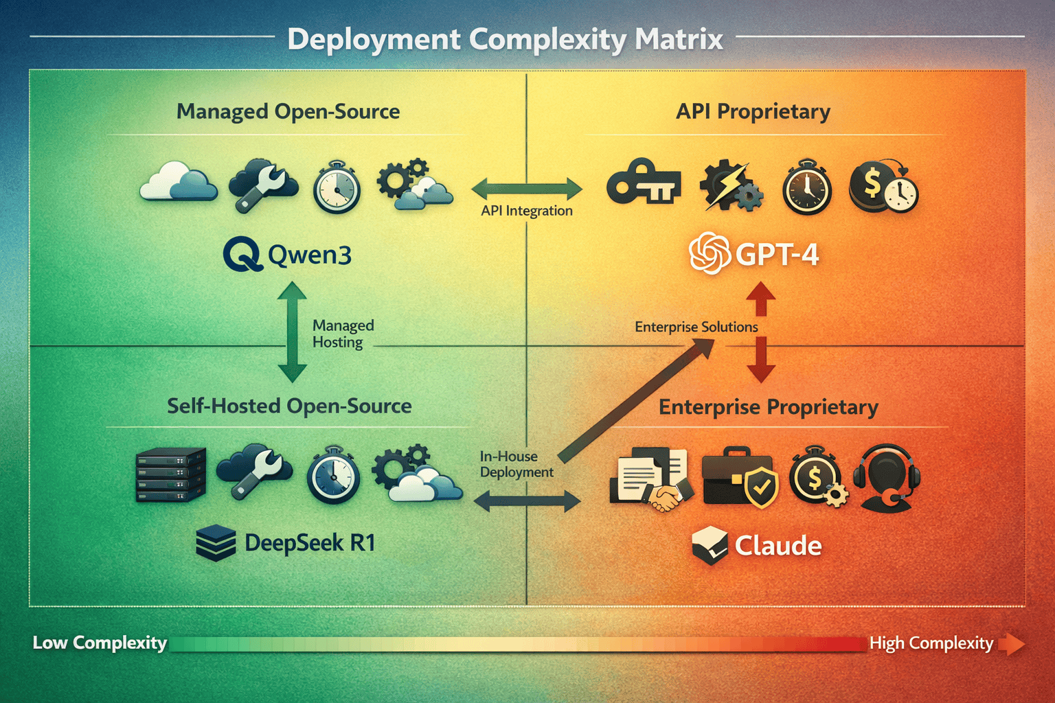 Landscape format (1536x1024) deployment complexity matrix showing four quadrants: self-hosted open-source (bottom-left), managed open-source