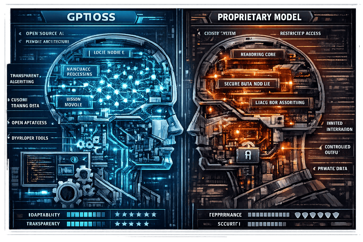 Model Differentiation concept: Technological anatomy diagram revealing internal structure of gpt-oss versus proprietary models. Transparent,