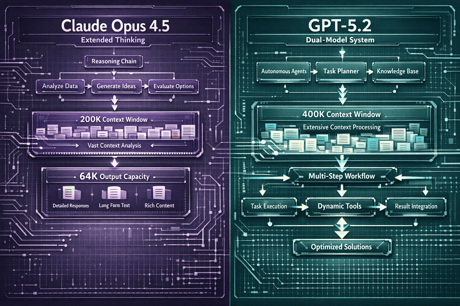 Landscape format (1536x1024) technical architecture diagram comparing Claude Opus 4.5's extended thinking capabilities versus GPT-5.2's dual