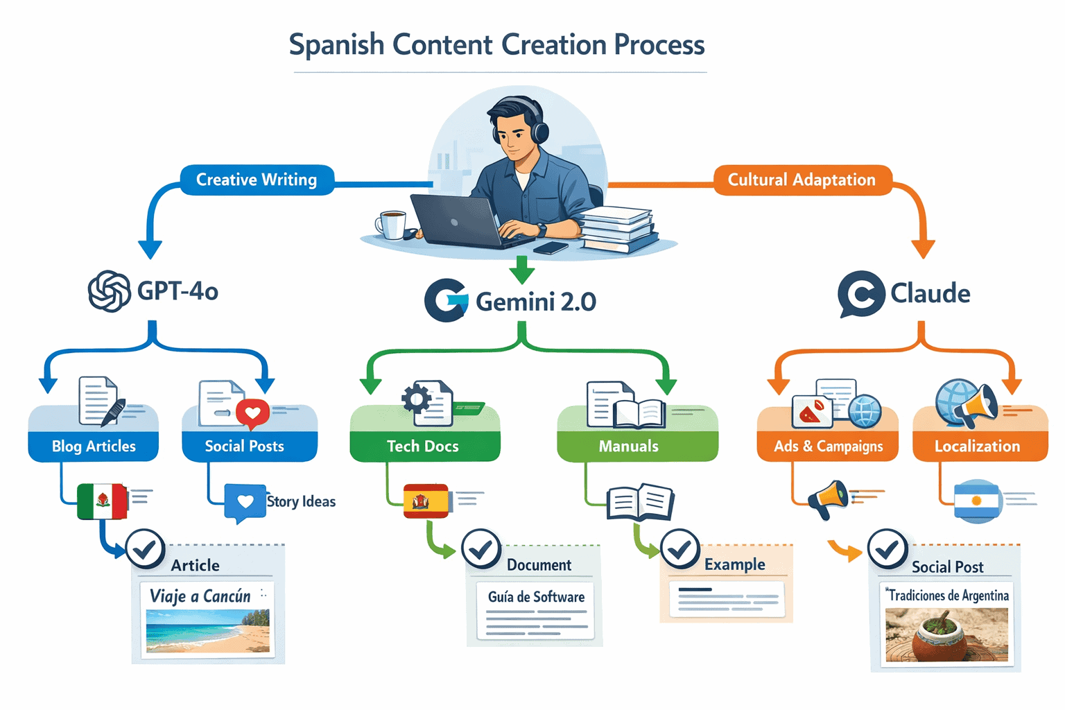 Landscape format (1536x1024) workflow diagram illustrating Spanish content creation process across different AI models. Central hub shows co