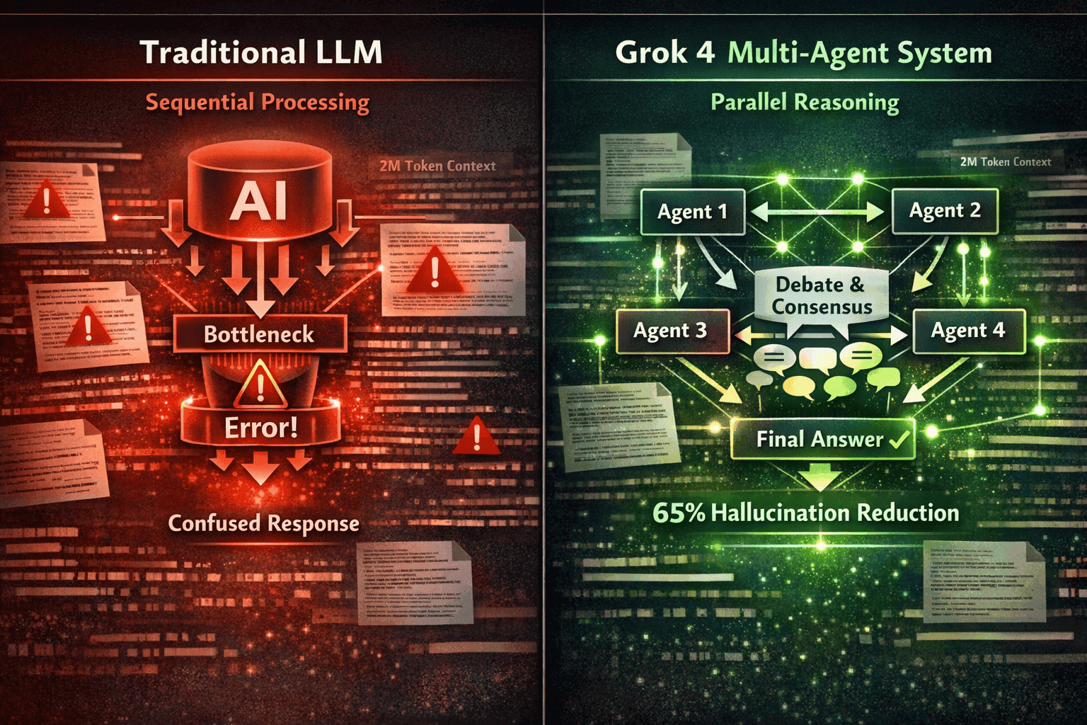 Landscape format (1536x1024) split-screen comparison showing traditional LLM workflow versus Grok 4 multi-agent architecture. Left panel: si
