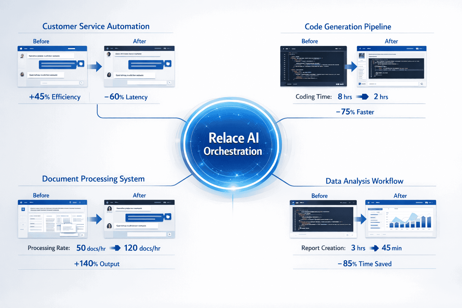 Landscape format (1536x1024) real-world deployment case study visualization showing enterprise workflow diagram. Central hub labeled 'Relace