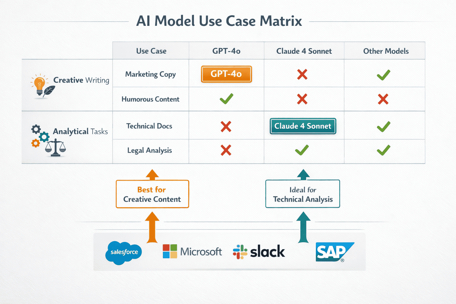Landscape format (1536x1024) decision matrix visualization displaying use case scenarios in grid format, creative writing section with GPT-4